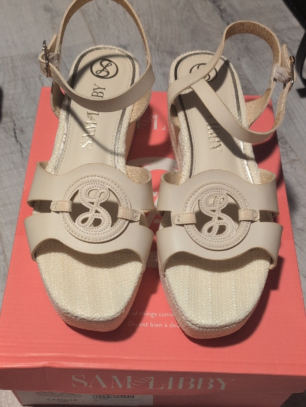 Sam & Libby Cream Platform Espadrille Sandals with Logo Medallion